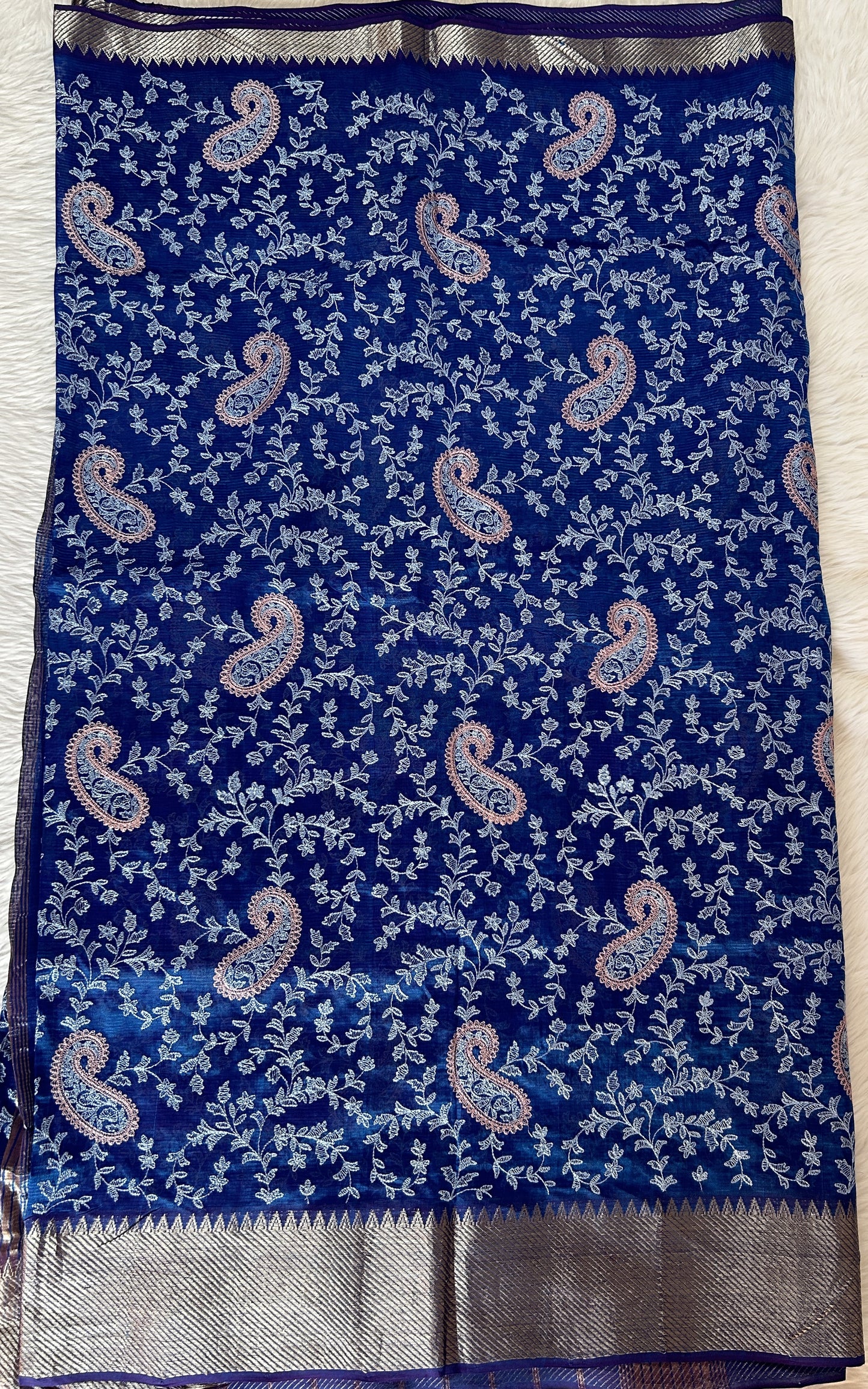 Mangalagiri Chikankari Saree Peacock Blue colored Saree complemented with a Gold Mangalagiri Border. - Sampradaya Designer Studio
