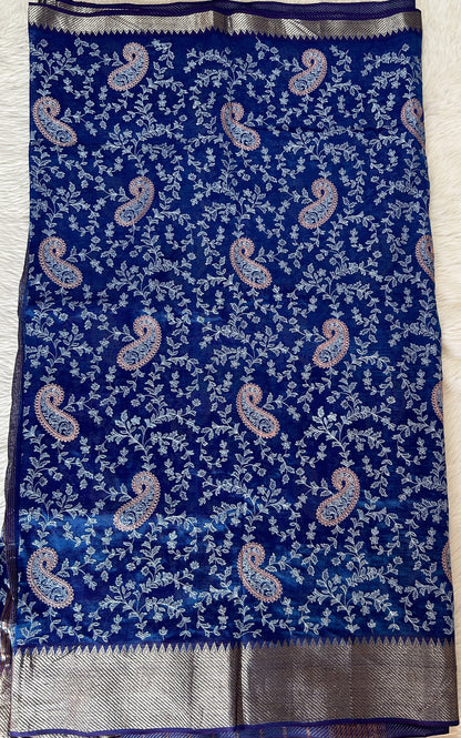 Mangalagiri Chikankari Saree Peacock Blue colored Saree complemented with a Gold Mangalagiri Border. - Sampradaya Designer Studio