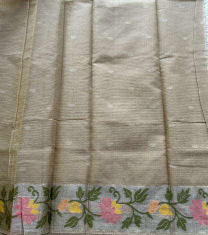 Silk Kota Saree Cream Colored Elegantly Paired with a Tissue Border