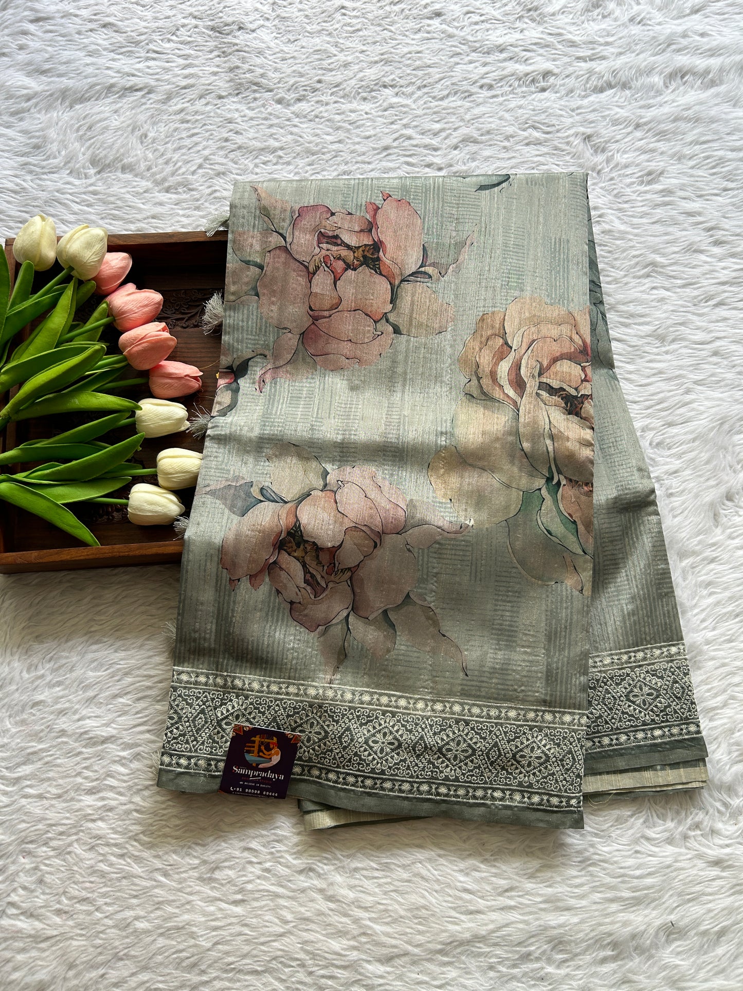Semi Tussar Saree Light Olive Green Colored Complemented with a Zari Border. - Sampradaya Designer Studio