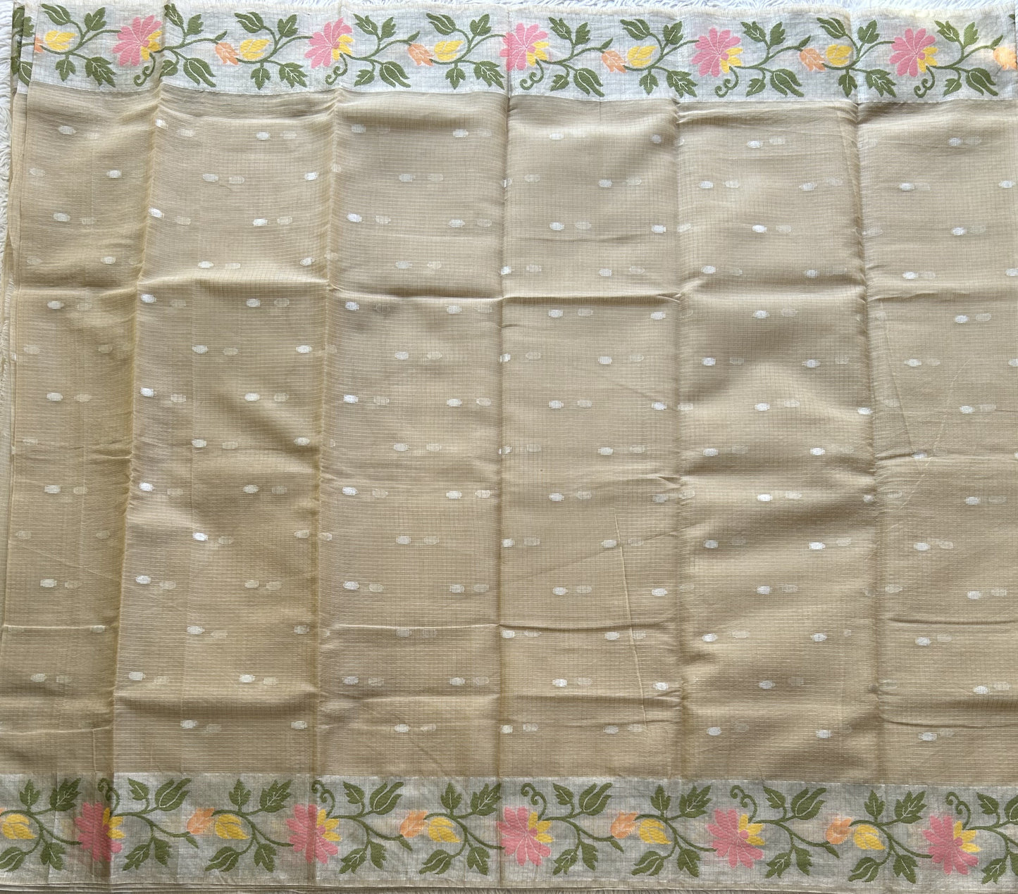 Silk Kota Saree Cream Colored Elegantly Paired with a Tissue Border