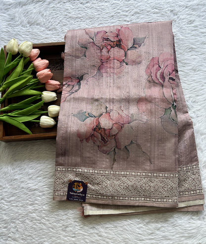 Semi Tussar Saree Onion Pink Colored complemented with a Zari Border. - Sampradaya Designer Studio