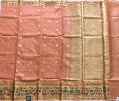 Tissue Kota Saree Dark Peach Colored Elegantly Paired with a Tissue Border