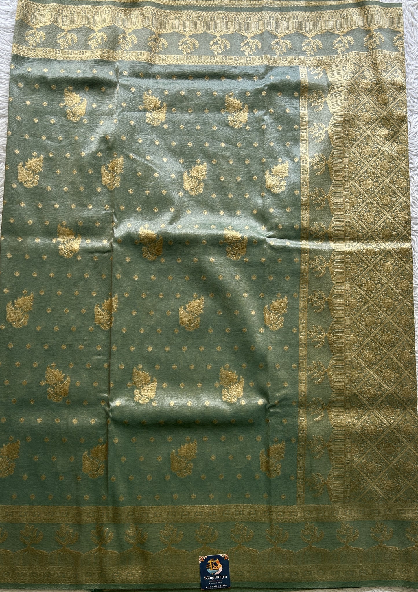 Tissue Organza Saree Sea Green Colored Complemented with a Zari Border. - Sampradaya Designer Studio