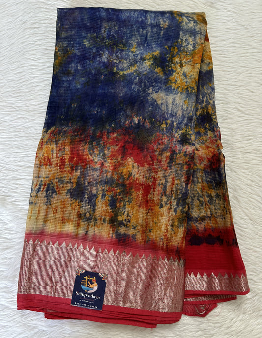 Mangalagiri Pattu Shibori Saree Blue and Red colored Saree complemented with a Red Colored Mangalagiri  Border - Sampradaya Designer Studio