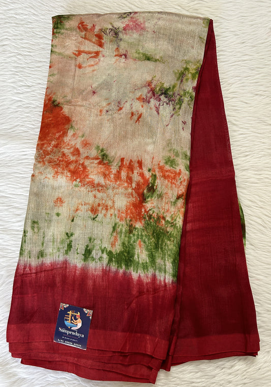 Mangalagiri Pattu Shibori Saree Cream and Maroon colored Saree complemented with a Plain Border - Sampradaya Designer Studio