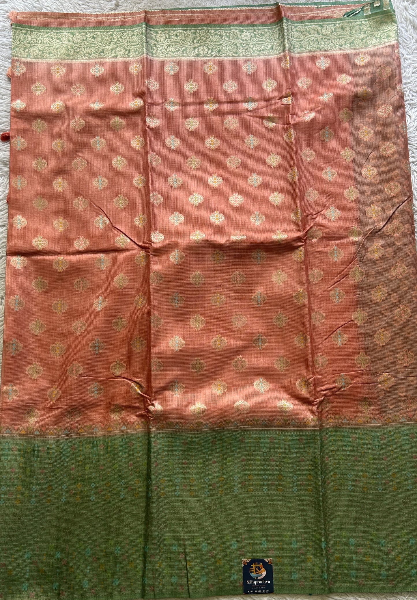 Silk kota Saree Peach colored Elegantly Paired with a Zari Border. - Sampradaya Designer Studio