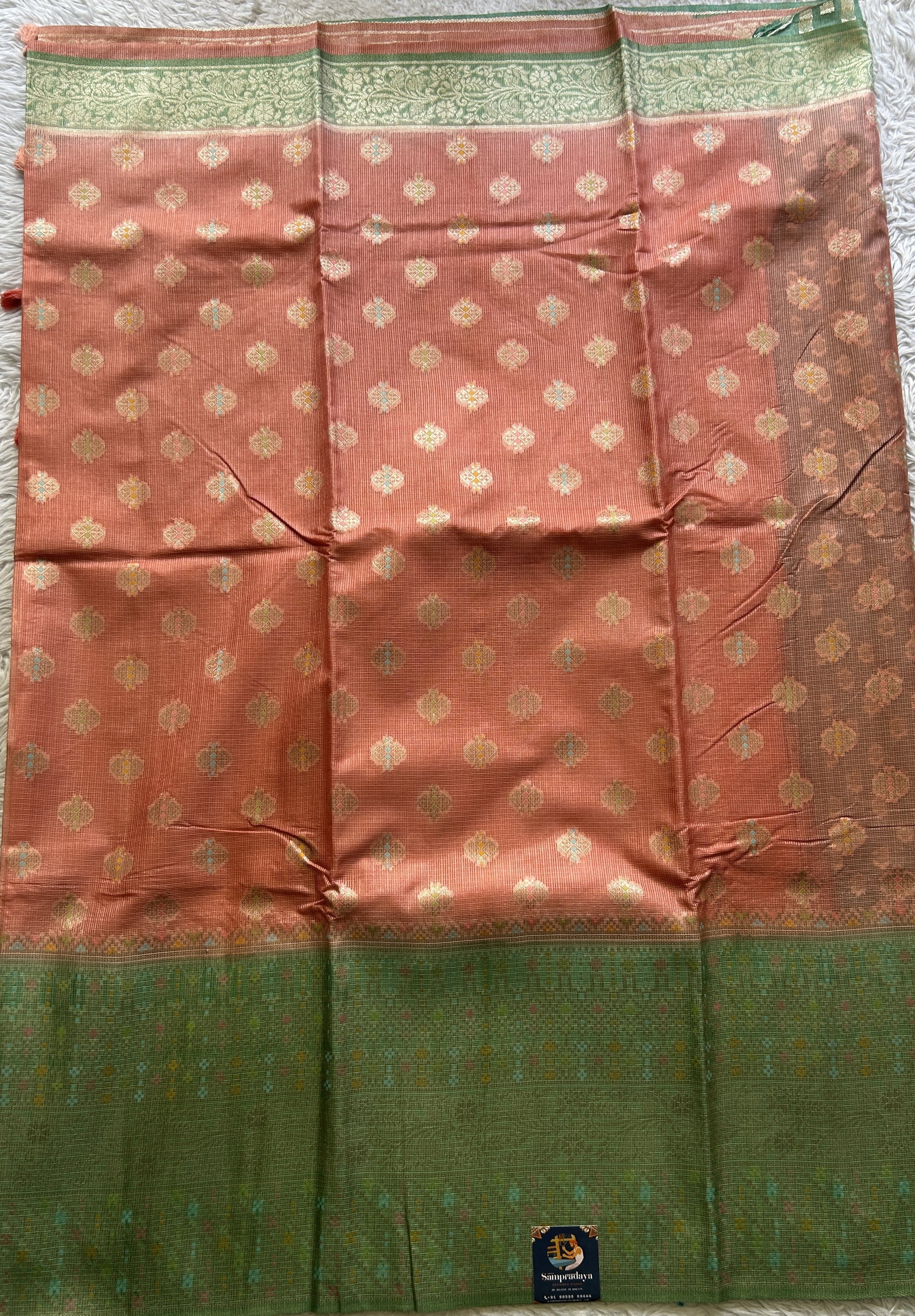 Silk kota Saree Peach colored Elegantly Paired with a Zari Border. - Sampradaya Designer Studio