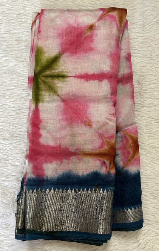 Mangalagiri Pattu Shibori Saree Baby Pink colored Saree complemented with a Dark Teal green Colored Mangalagiri Border - Sampradaya Designer Studio