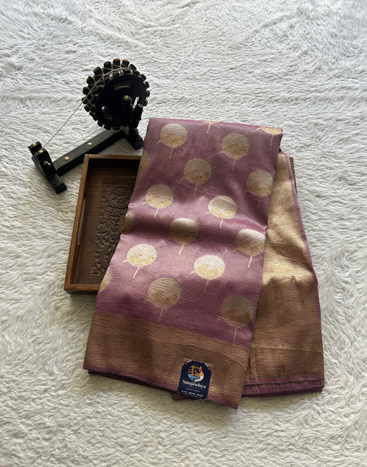 Tissue Organza Saree Lavender Colored Complemented with a Zari Border. - Sampradaya Designer Studio