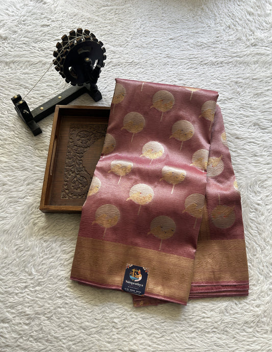 Tissue Organza Saree Baby Pink Colored Complemented with a Zari Border. - Sampradaya Designer Studio