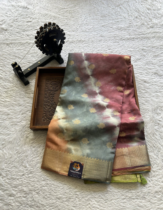 Semi Tussar Saree Multi Colored Exquisite with a Zari Border. - Sampradaya Designer Studio