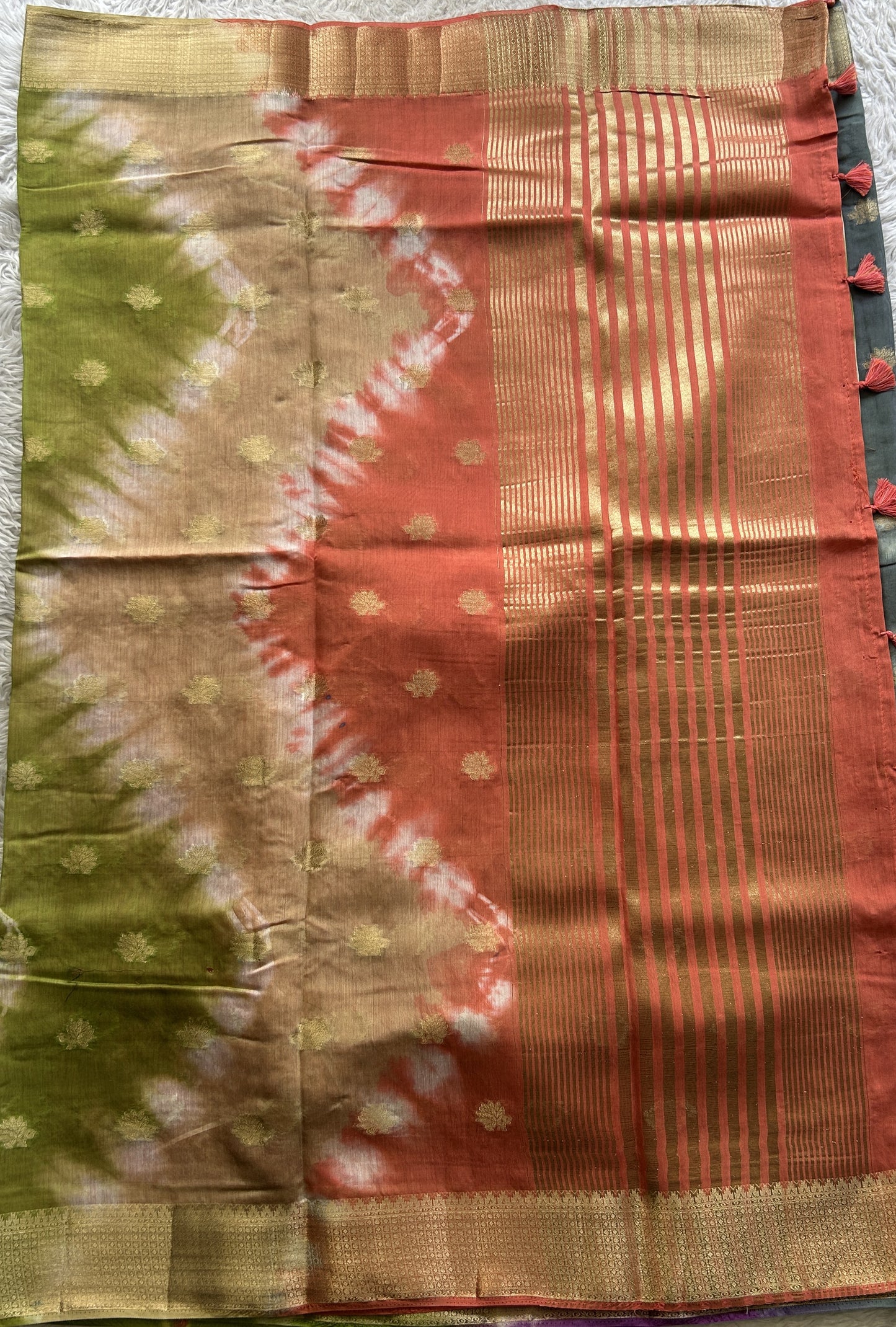 Semi Tussar Saree Multi Colored Elegantly Paired with a Zari Border. - Sampradaya Designer Studio