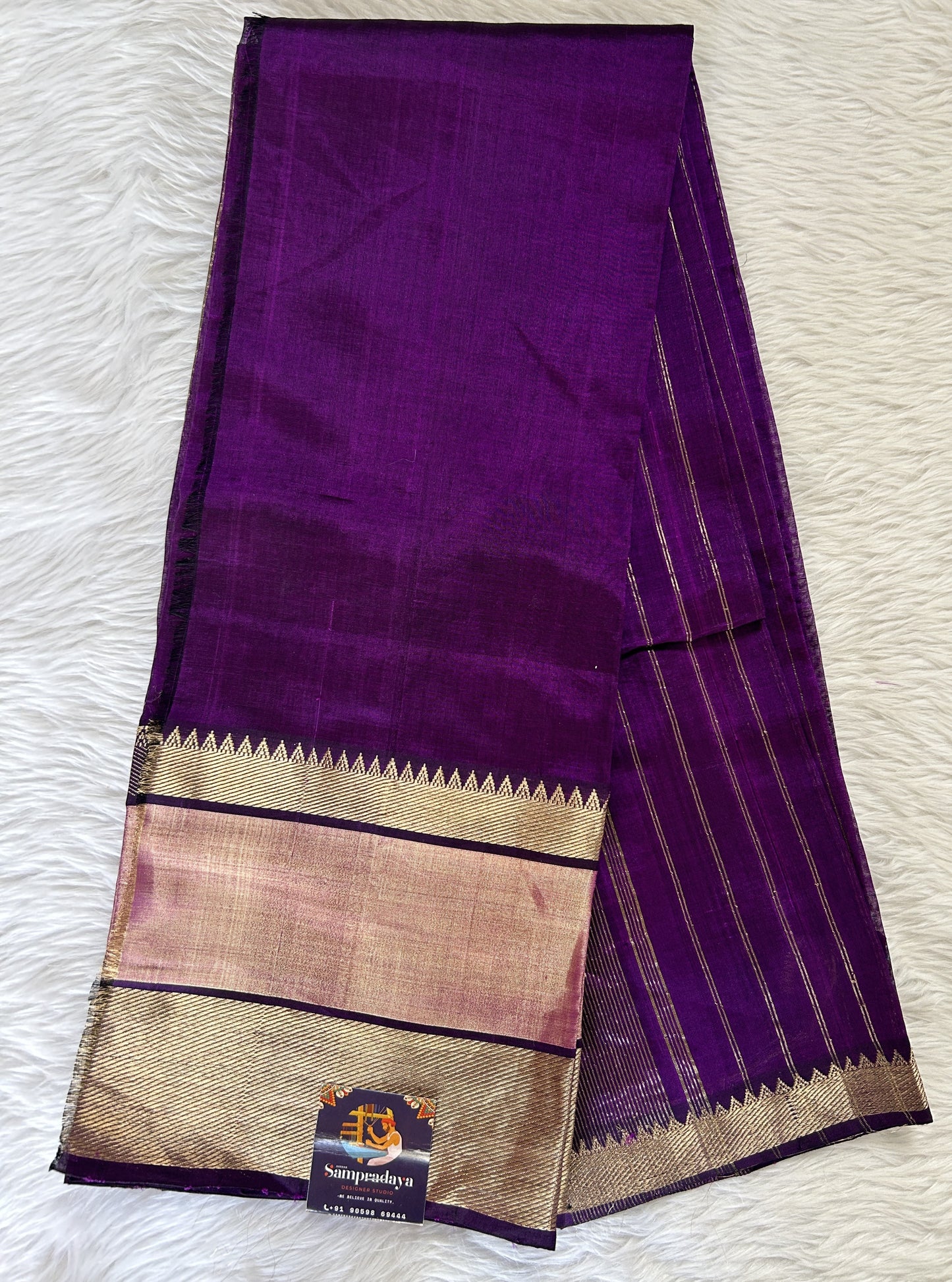 Mangalagiri Plain Pattu Saree Purple colored Saree complemented with a Gold Mangalagiri Gap Border - Sampradaya Designer Studio