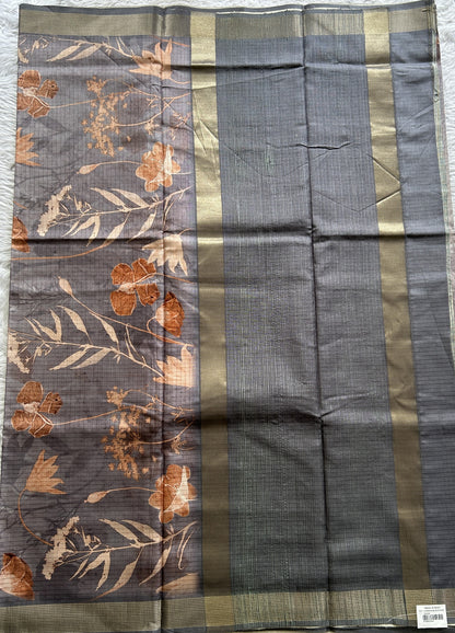 Semi Tussar Saree Gray Colored complemented with a Zari Border. - Sampradaya Designer Studio