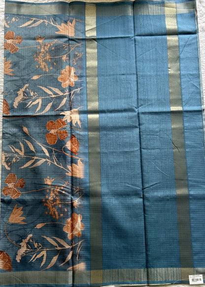 Semi Tussar Saree Light Blue Colored complemented with a Zari Border. - Sampradaya Designer Studio