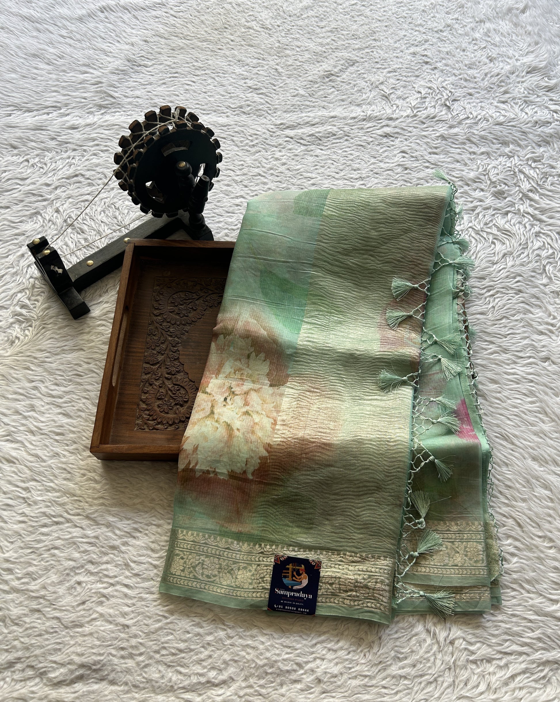 Banarasi Crushed Silk Saree Sea Blue Colored Complemented with a Zari border. - Sampradaya Designer Studio