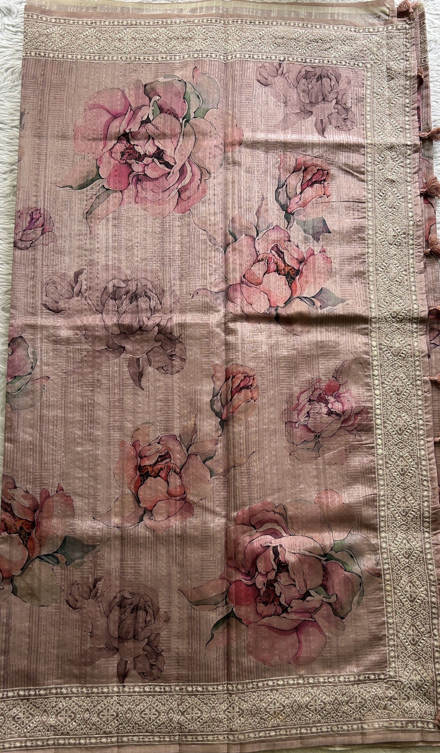 Semi Tussar Saree Onion Pink Colored complemented with a Zari Border. - Sampradaya Designer Studio