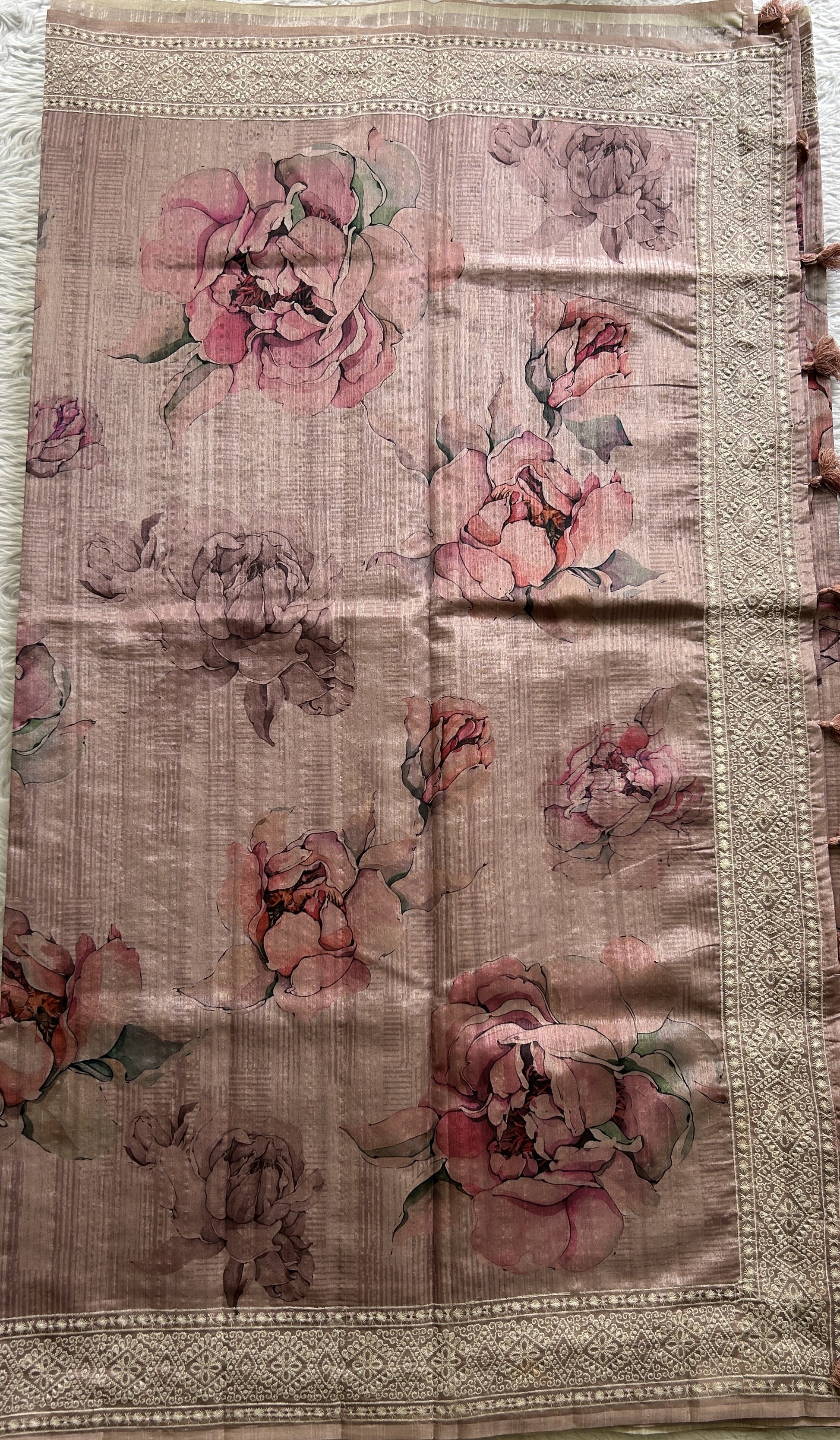 Semi Tussar Saree Onion Pink Colored complemented with a Zari Border. - Sampradaya Designer Studio