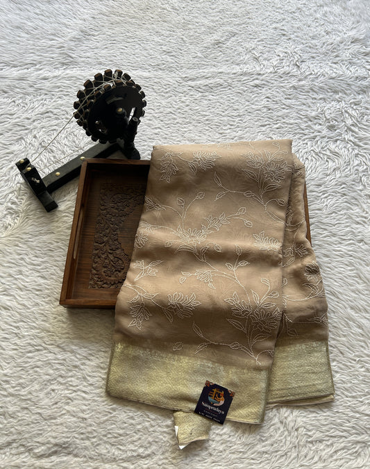 Semi Georgette Saree Beige Colored Elegantly Paired with a Zari Border. - Sampradaya Designer Studio