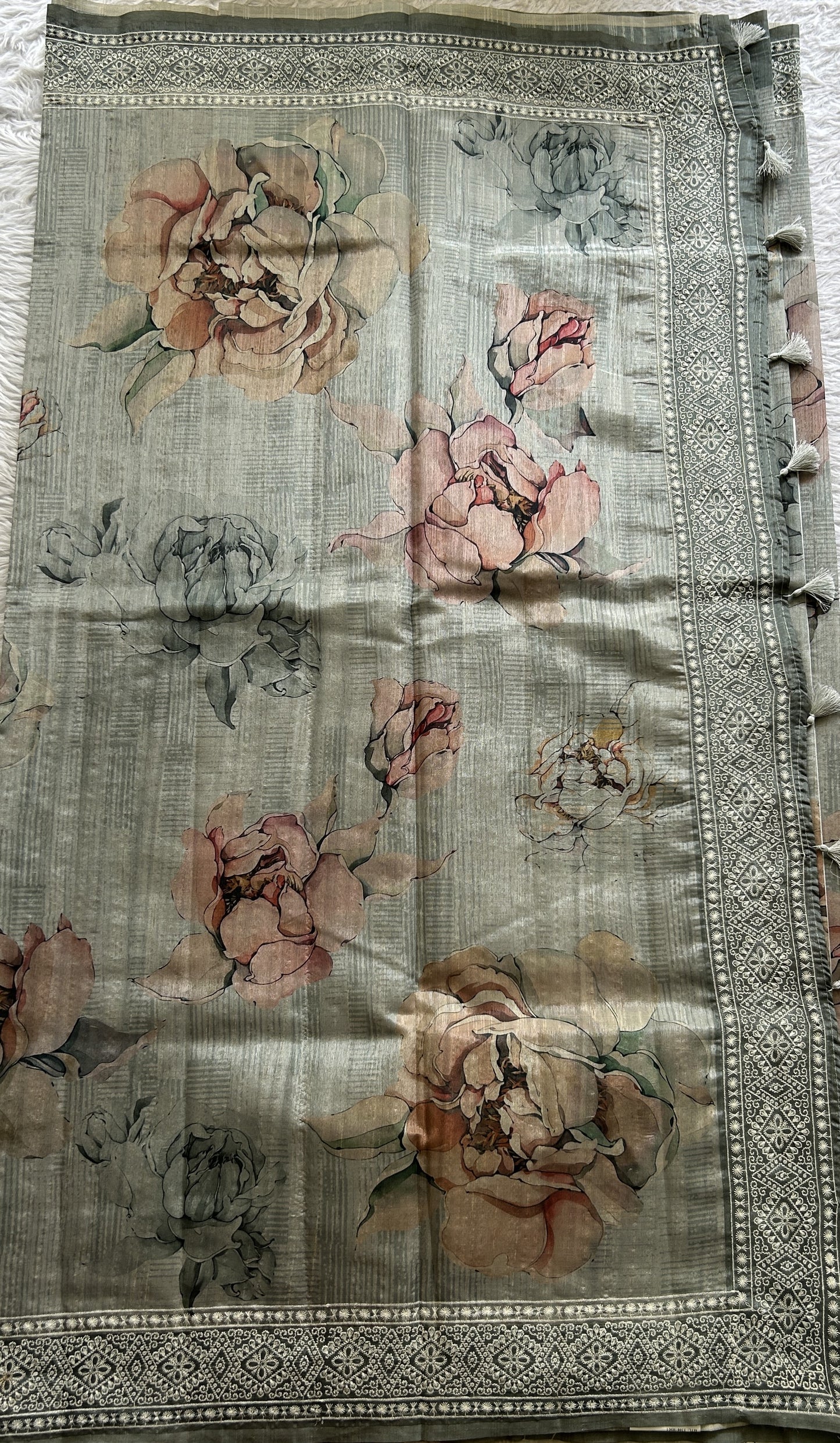Semi Tussar Saree Light Olive Green Colored Complemented with a Zari Border. - Sampradaya Designer Studio