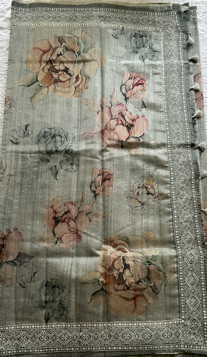 Semi Tussar Saree Light Olive Green Colored Complemented with a Zari Border. - Sampradaya Designer Studio