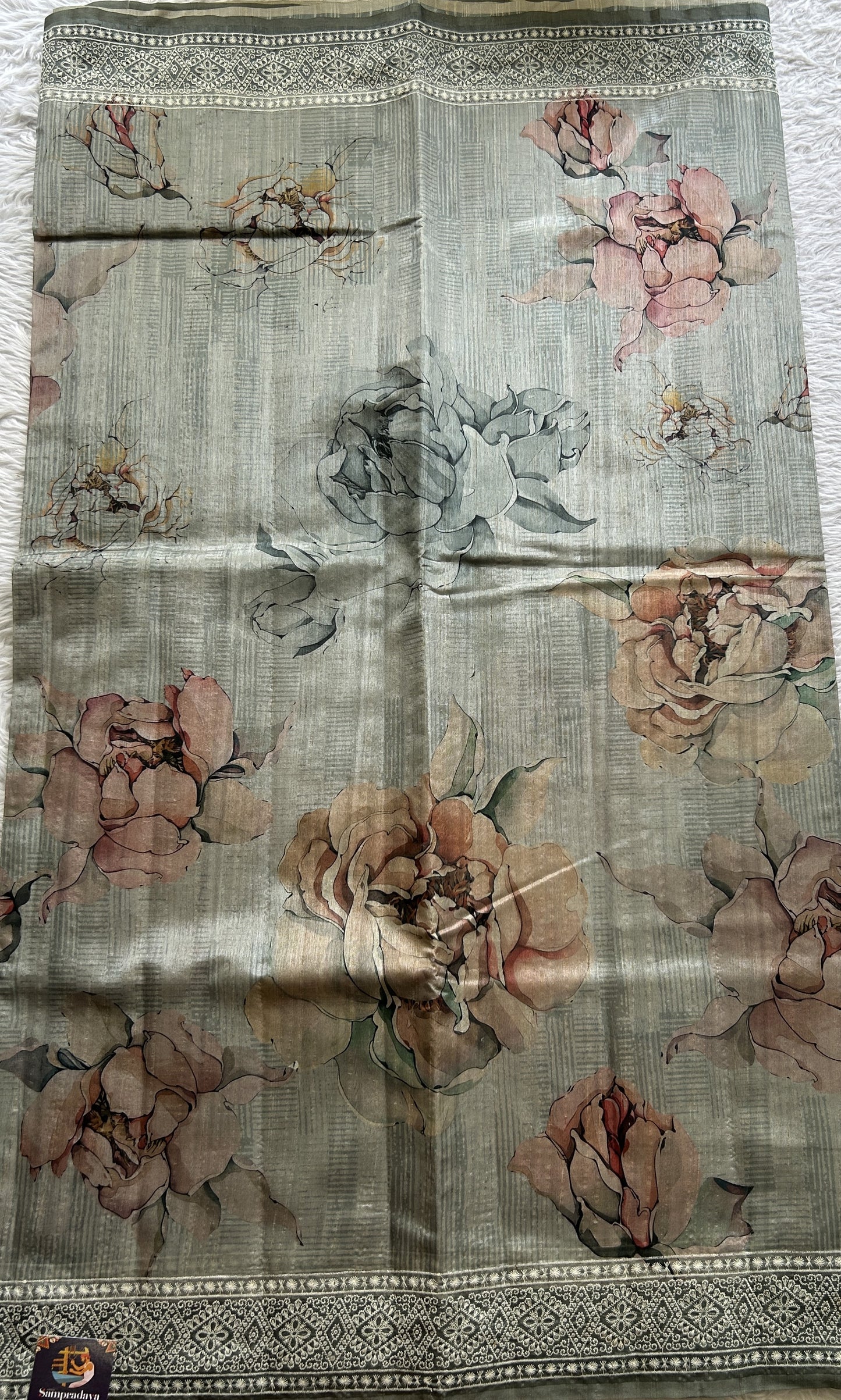 Semi Tussar Saree Light Olive Green Colored Complemented with a Zari Border. - Sampradaya Designer Studio