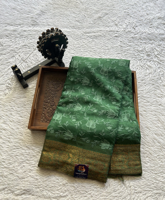Semi Georgette Saree Dark Green Colored Elegantly Paired with a Zari Border. - Sampradaya Designer Studio