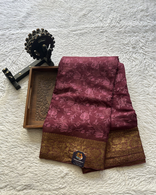 Semi Georgette Saree Dark Mauve Colored Elegantly Paired with a Zari Border. - Sampradaya Designer Studio