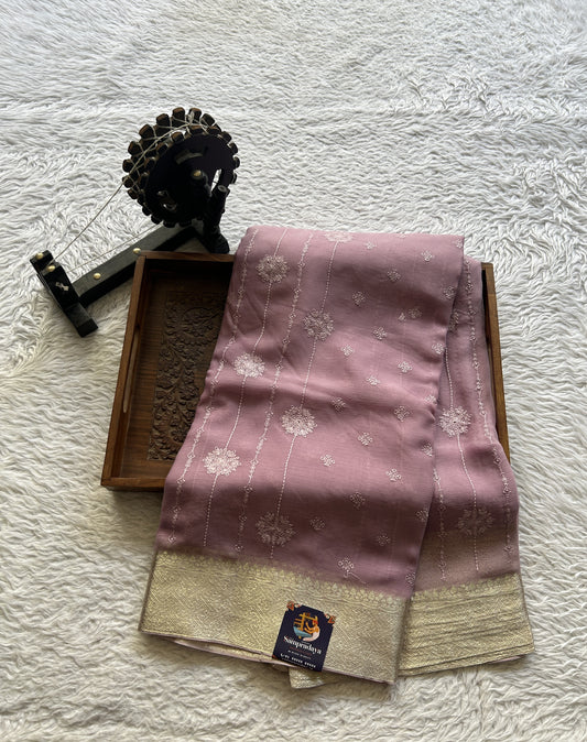 Semi Georgette Saree Baby Pink Colored Elegantly Paired with a Zari Border. - Sampradaya Designer Studio