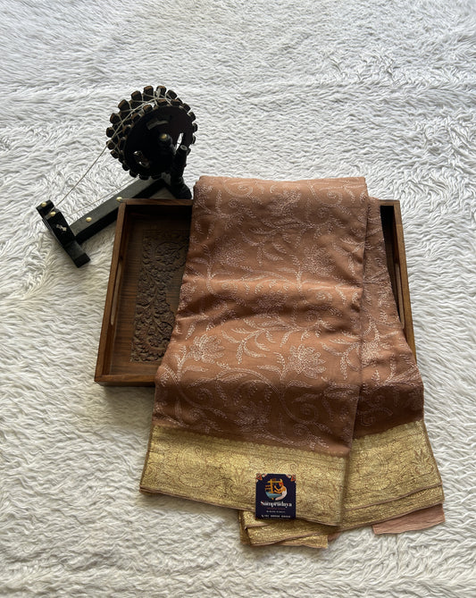 Semi Georgette Saree Brown Colored Elegantly Paired with a Zari Border. - Sampradaya Designer Studio
