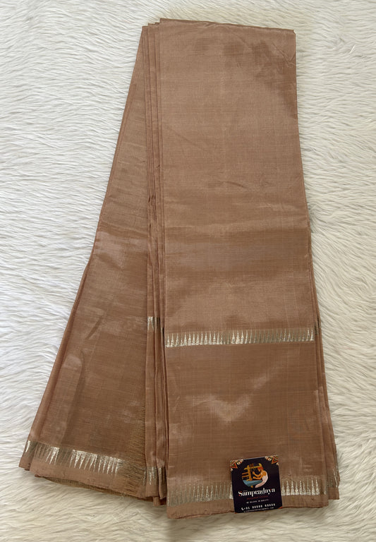 Mangalagiri Plain Pattu Saree Beige colored Saree complemented with a Silver Mangalagiri Gap Border - Sampradaya Designer Studio