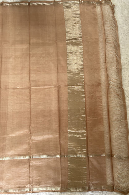Mangalagiri Plain Pattu Saree Beige colored Saree complemented with a Silver Mangalagiri Gap Border - Sampradaya Designer Studio