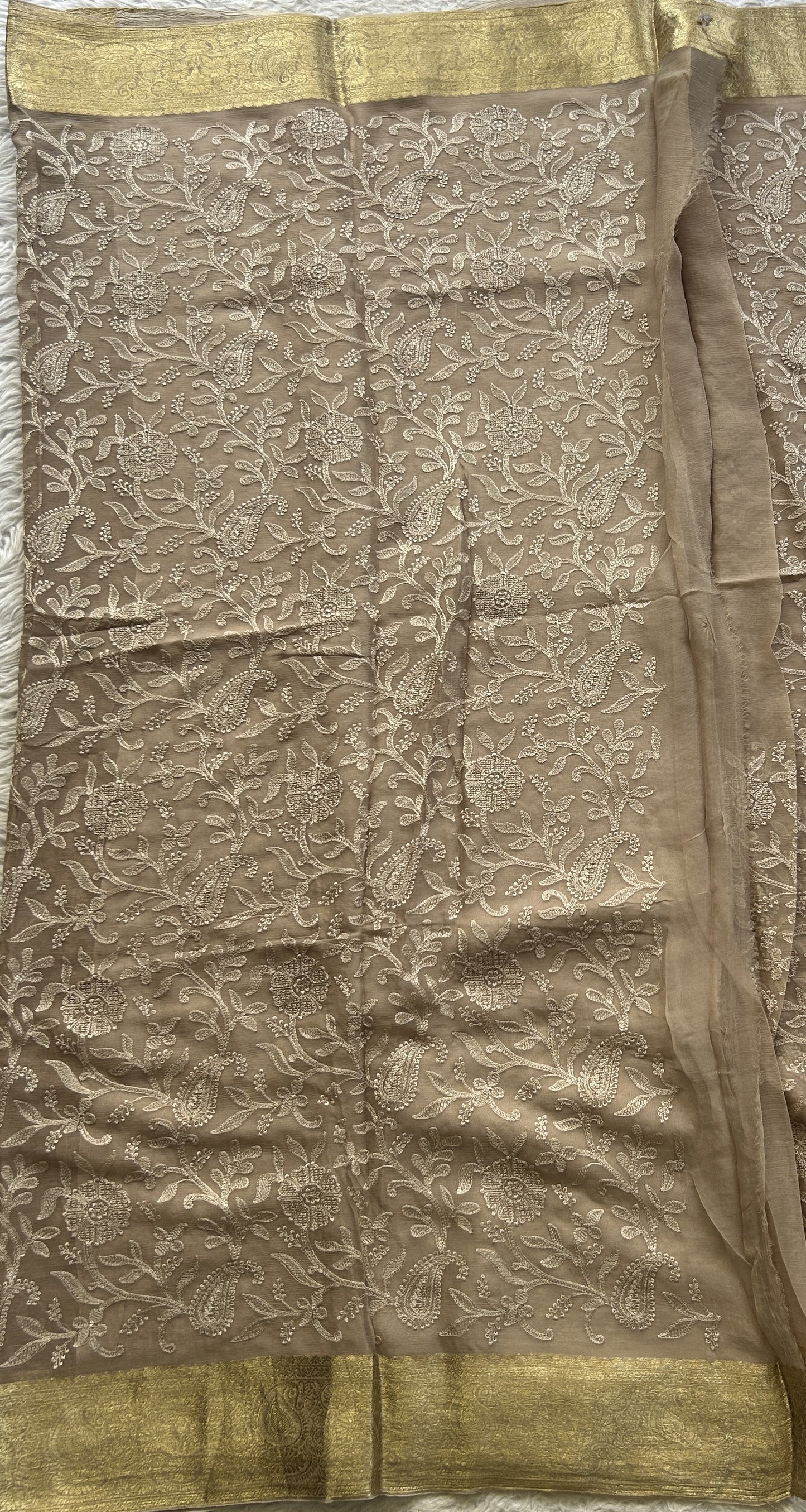 Semi Georgette Saree Very Light Brown Colored Elegantly Paired with a Zari Border. - Sampradaya Designer Studio