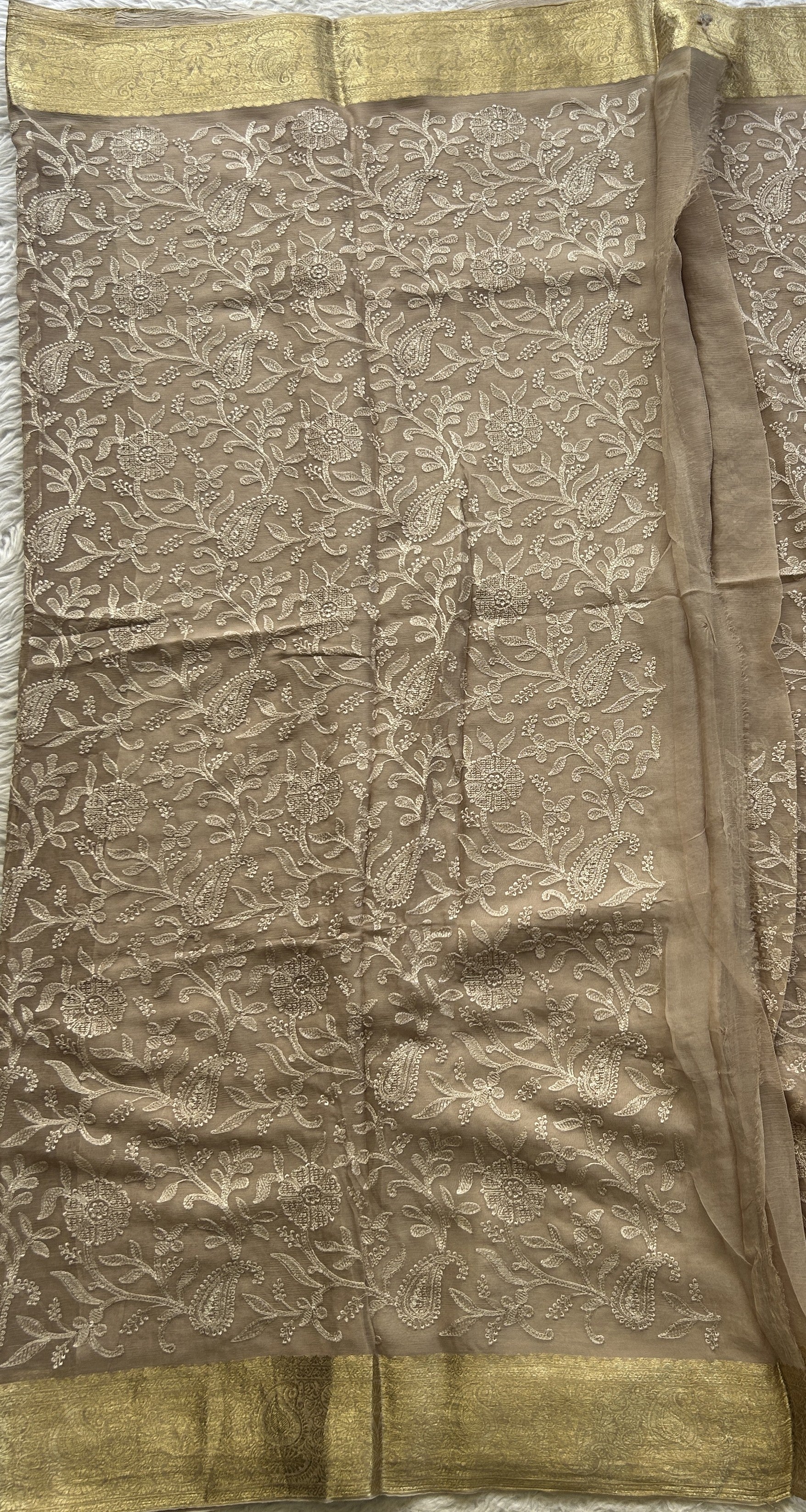 Semi Georgette Saree Very Light Brown Colored Elegantly Paired with a Zari Border. - Sampradaya Designer Studio