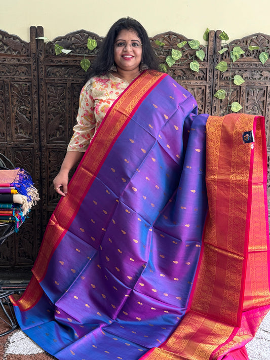 Gadwal Silk Saree Blue Violet Colored Complemented With Gold Zari Border