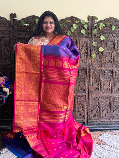 Gadwal Silk Saree Blue Violet Colored Complemented With Gold Zari Border