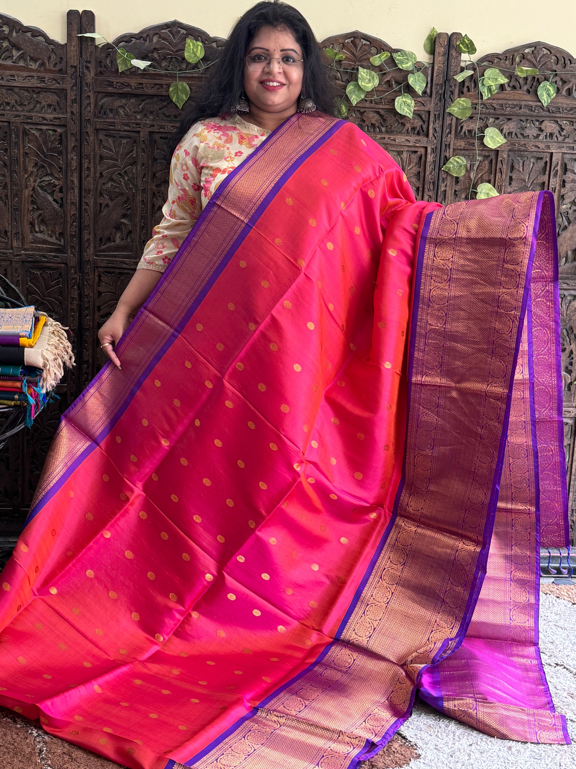 Gadwal Silk Saree Crimson Colored Complemented With Gold Zari Border - Sampradaya Designer Studio