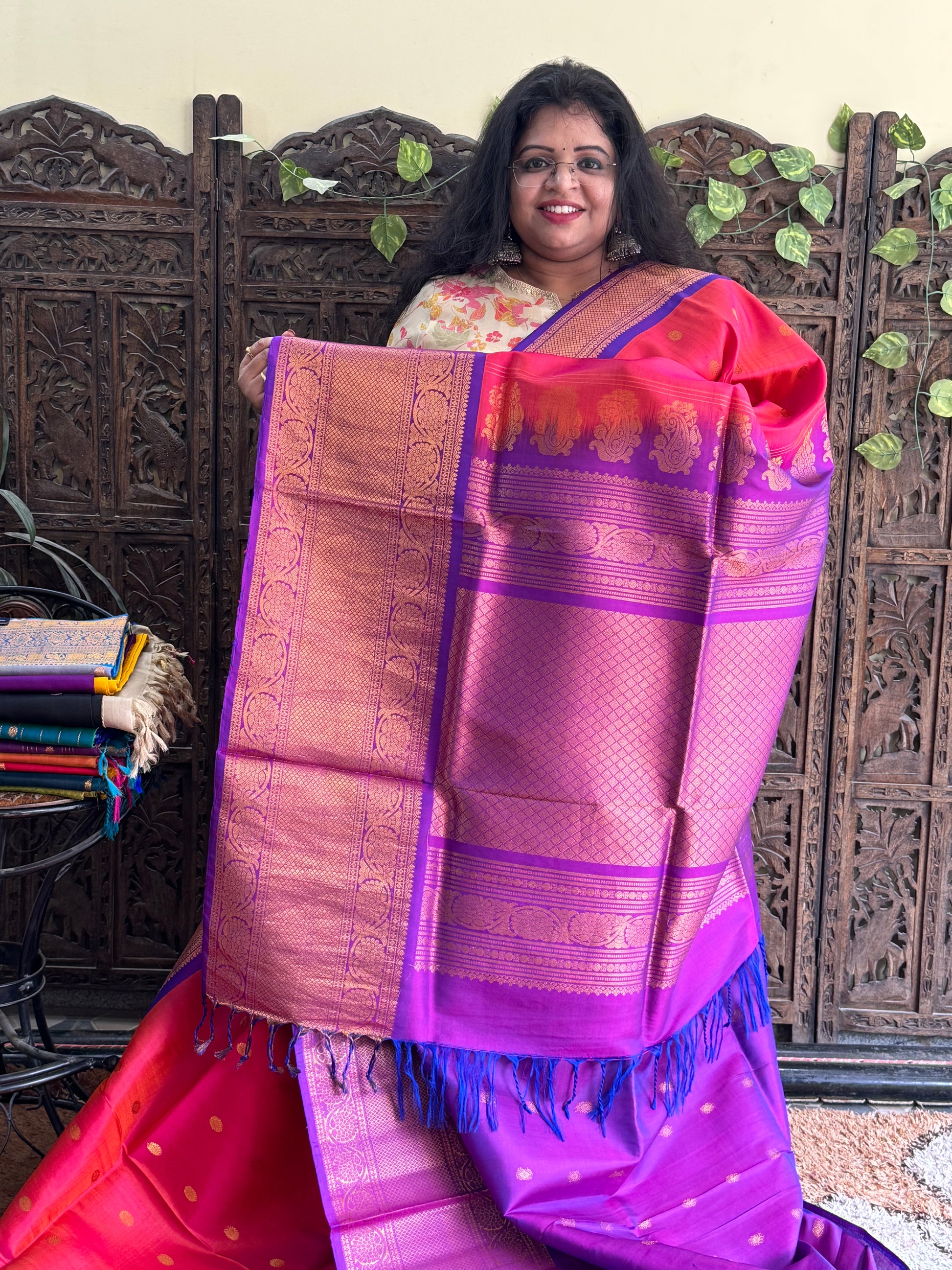 Gadwal Silk Saree Crimson Colored Complemented With Gold Zari Border - Sampradaya Designer Studio
