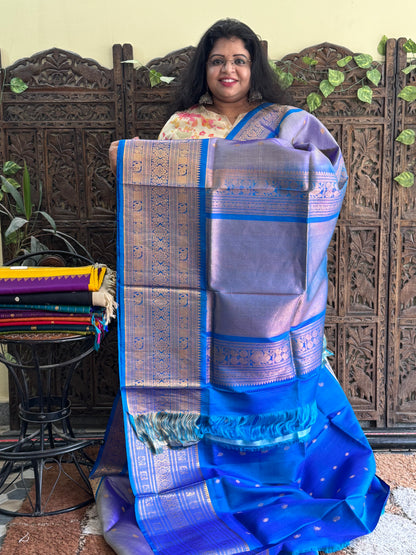 Gadwal Silk Saree  Carolina Colored Complemented With Gold Zari Border - Sampradaya Designer Studio