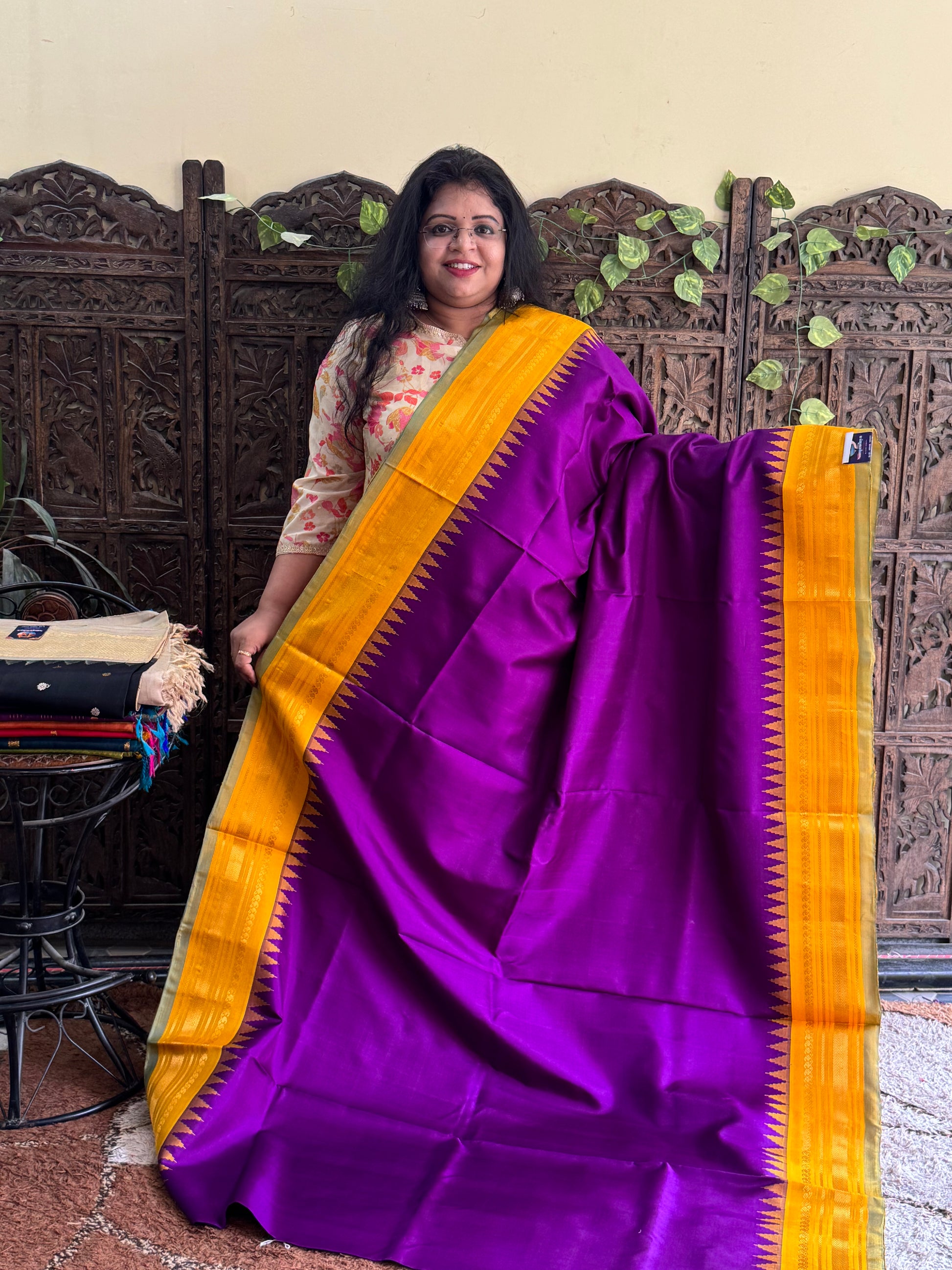 Gadwal Silk Saree Grape Colored Complemented With Gold Zari Border - Sampradaya Designer Studio