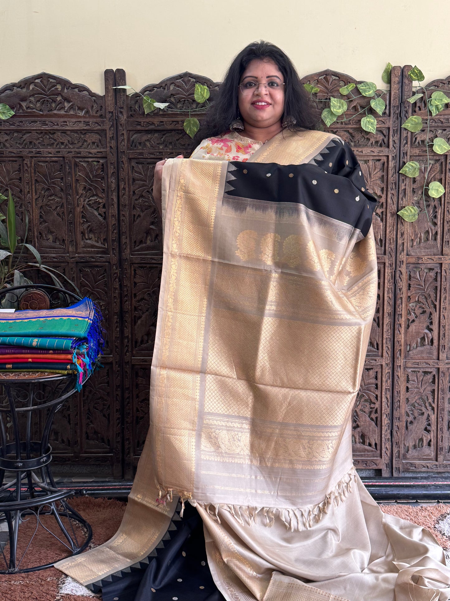 Gadwal Silk Saree Black Colored Complemented With Gold Zari Border - Sampradaya Designer Studio