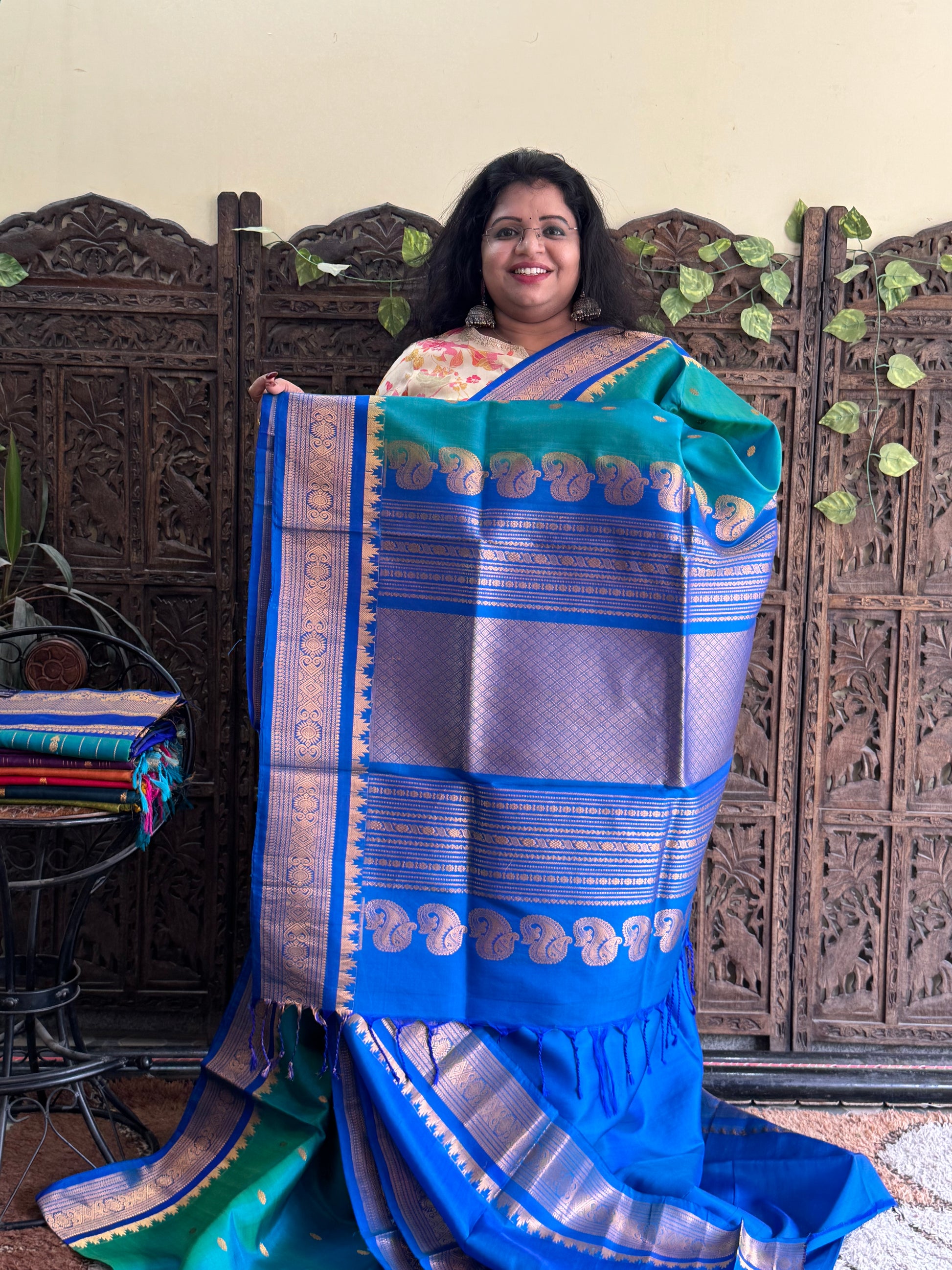 Gadwal Silk Saree Dark Aqua Colored Complemented With Gold Zari Border - Sampradaya Designer Studio