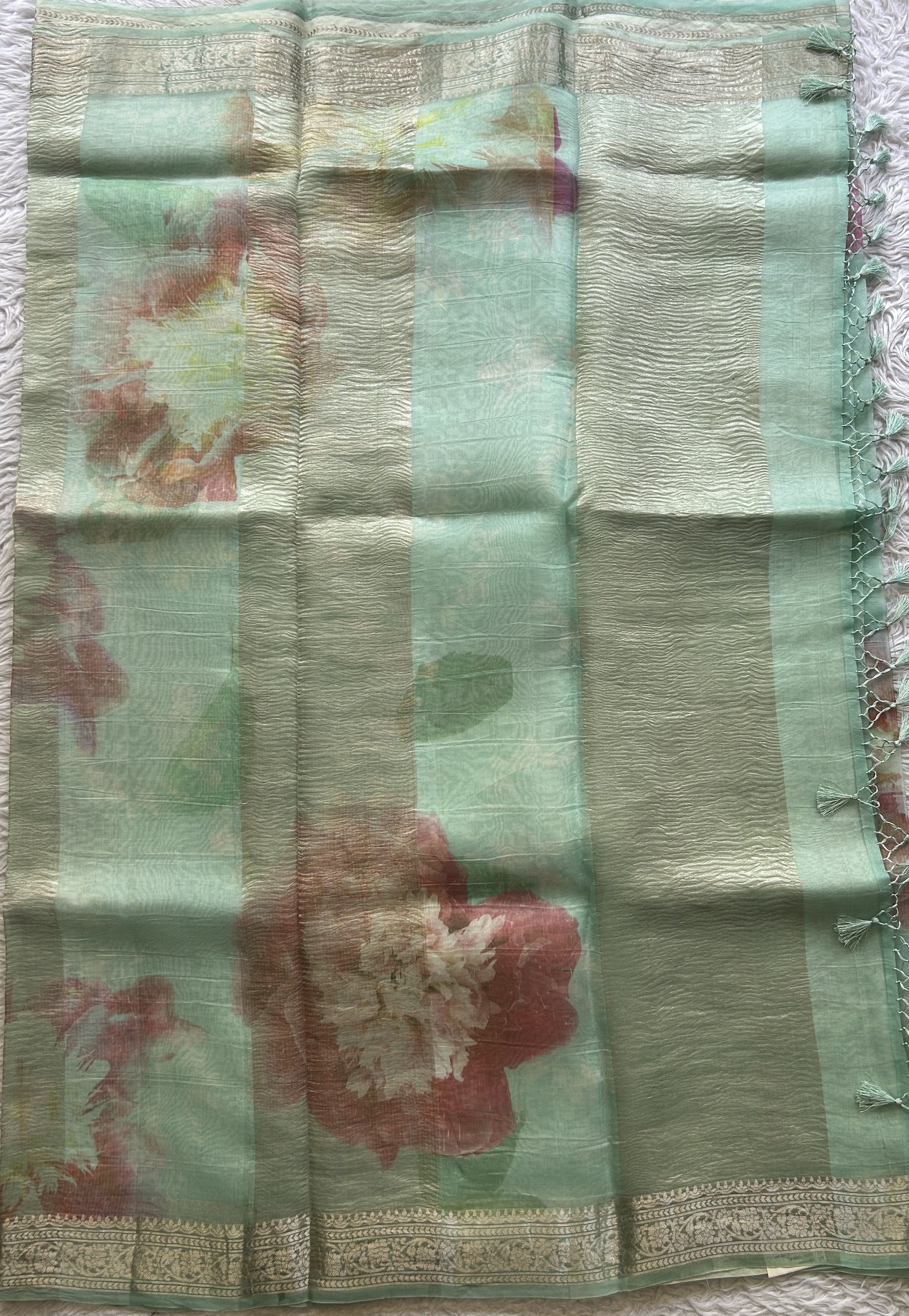 Banarasi Crushed Silk Saree Sea Blue Colored Complemented with a Zari border. - Sampradaya Designer Studio