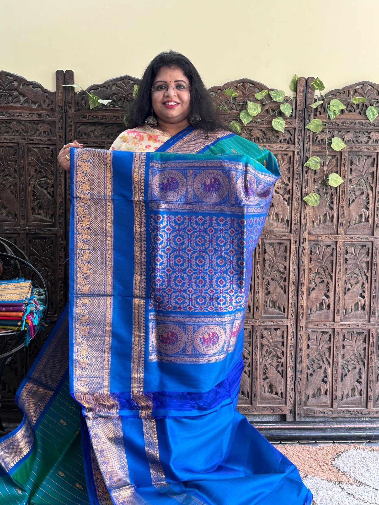 Gadwal Silk Saree Jungle Colored Complemented With Gold Zari Border