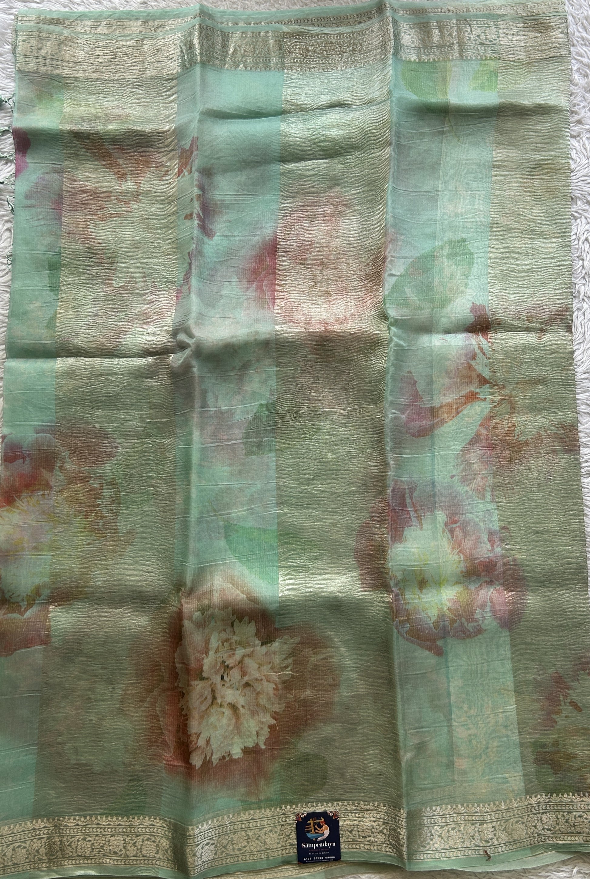 Banarasi Crushed Silk Saree Sea Blue Colored Complemented with a Zari border. - Sampradaya Designer Studio