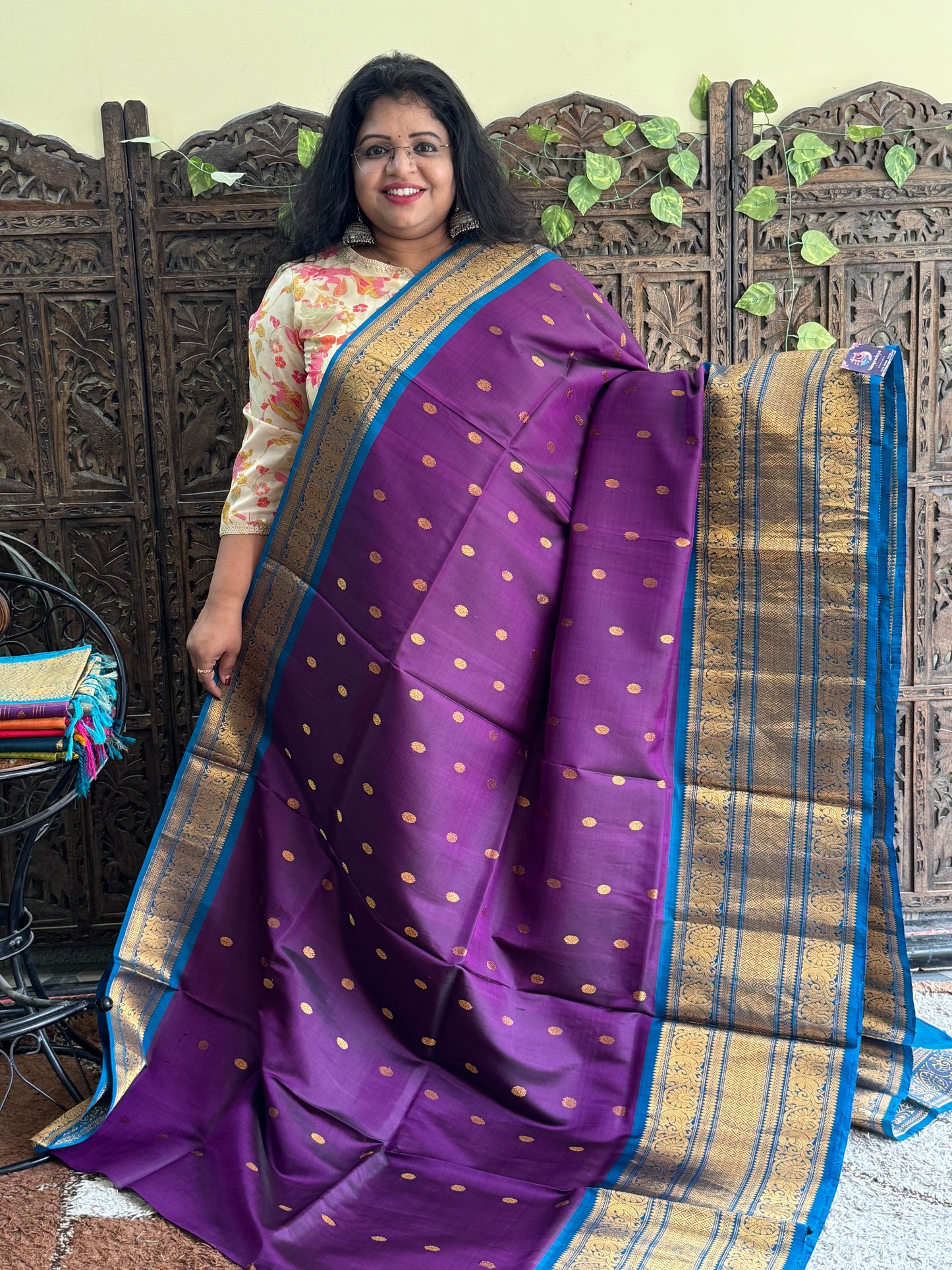 Gadwal Silk Saree Violet Colored Complemented With Gold Zari Border