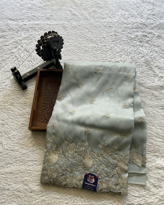 Tissue Organza Saree Very Light Blue Colored Complemented with a Embroidery Border. - Sampradaya Designer Studio