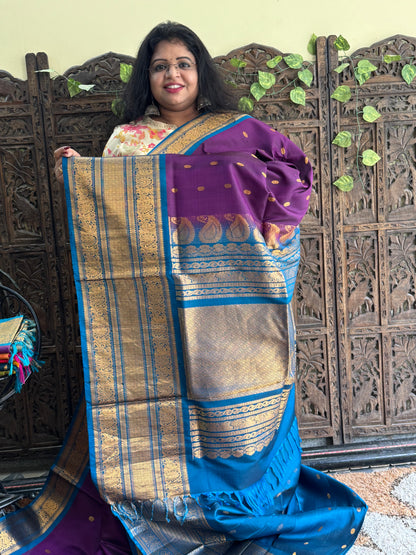 Gadwal Silk Saree Violet Colored Complemented With Gold Zari Border
