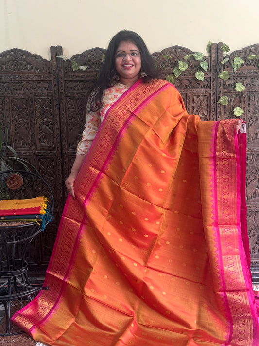 Gadwal Silk Saree Apricot Colored Complemented With Gold Zari Border